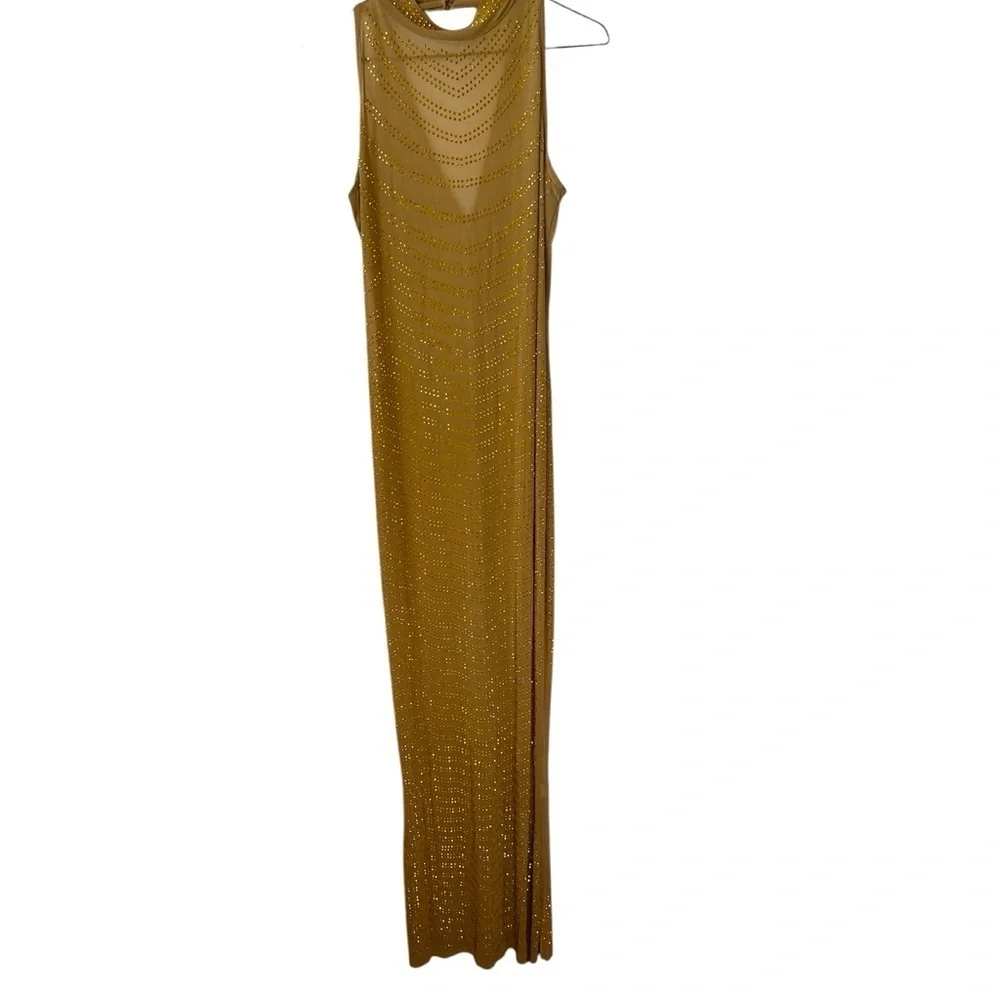 Golden Sheer Gown With Rhinestones Maxi Sleeveless Special Occasions BNWOT